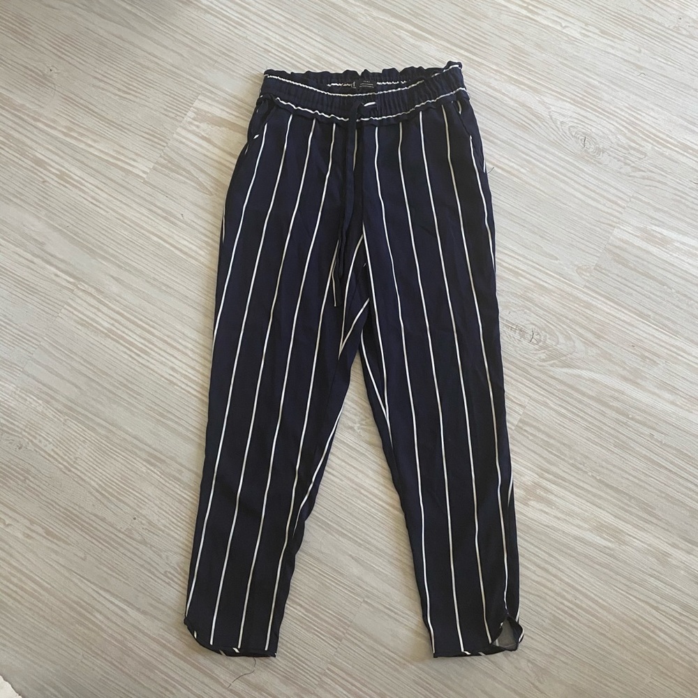 zara navy and white striped pants